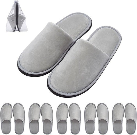 SIMEIER Gray Spa Slippers - 6 Pairs Disposable & Reusable Non-Slip Cotton Guest Slippers | Soft & Comfortable for Home, Gym, Bridal Party