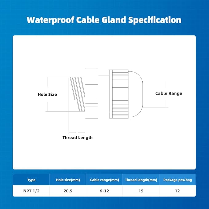CGELE Cable Gland 12 Pack 1/2" NPT Waterproof Adjustable Connector Strain Relief Cord Connectors Joints Nylon with Gaskets…