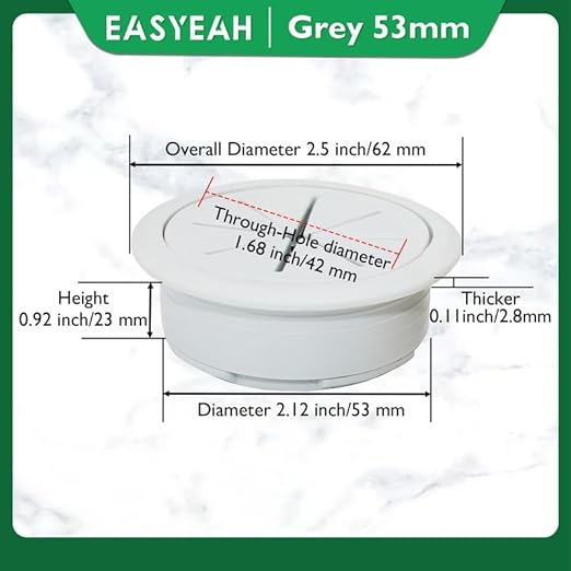 EASYEAH 2 Pcs Desk Grommet 2-1/16" / 53 mm, Desk Hole Cover for Cables Grey, Cable Grommet ABS Plastic, Desk Hole Grommet for Home & Office Pc, Detachable Cable Cord Organizer