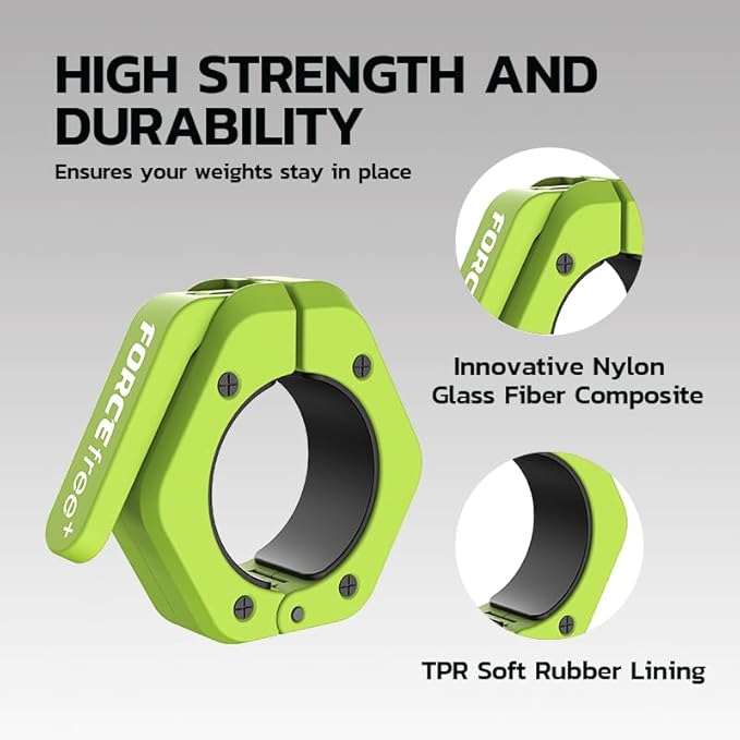 Forcefree+ Barbell Clips (Pair), Barbell Clamps, Quick Release Olympic Barbell Clamps with Anti Slip TPR Grip, Barbell Collars for Secure Weightlifting & Powerlifting (Non Magnetic, Green)