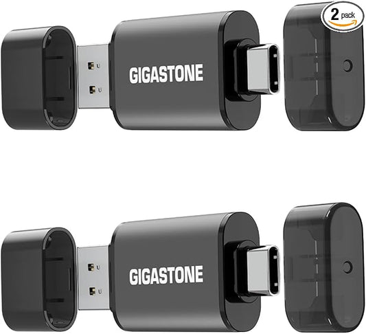 GIGASTONE 64GB Dual USB Flash Drive 2-Pack, USB 3.2 Gen 1, 2-in-1 USB C+A, Speed Up to 100MB/s, Head Cap Design Thumb Drive, Plug & Play for Smartphone/PC/Mac/TV/Car Audio, USB 2.0/3.0/3.1 Compatible