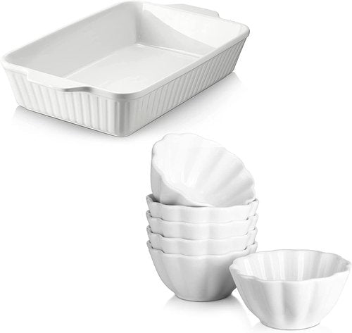 DOWAN Ramekins - 4 oz Flower-Shaped Porcelain Baking Cups | Oven Safe Set of 6 in White
