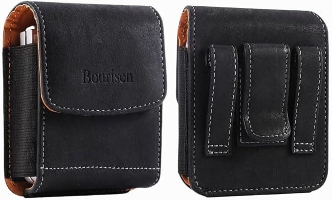 Bourisen Universal Phone Holster Phone Pouch Case Belt Clip Belt Loops Card Slot Faux Leather For Man for Samsung Galaxy Z Flip 5/4/3 Motorola Razr Plus Razr+ 2023 (Black&Yellow, XS(3.7"x3.1"x1.1"))