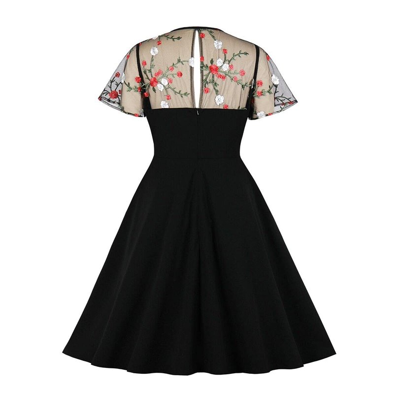 Women Keyhole Tie Neck Mesh Sleeve Vintage Cocktail Swing Dress Sweetheart Illusion Embroidery Flower 50s Pleated A-line Rockabilly Prom Dress Wedding Party 1950s Retro Casual Midi Dress Floral 4XL