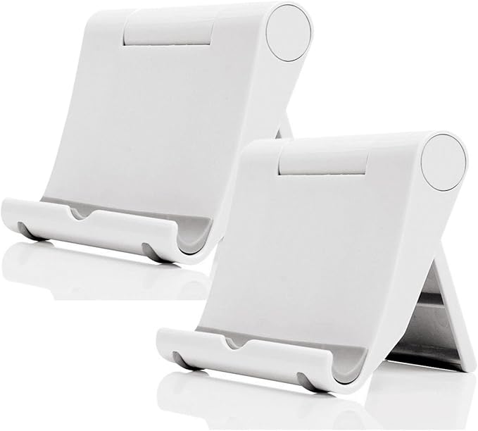 JUSDIQIR Cell Phone Stand for Desk 2 Pack Mobile Phone Holders Desktop Tablet Stand, Foldable Phone Dock Universal Adjustable Tablet Stand for Desk Compatible with Cell Phone Support (White 2 PCS)