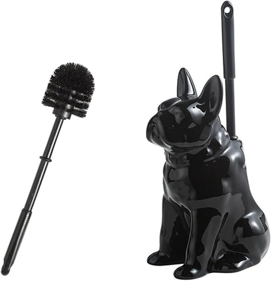 Shar Pei Hideaway Toilet Brush Holder - Concealed Brush Storage, Modern Black Ceramic Bathroom Organizer with Sturdy Brush & Foam Protection, Dog Lover Gift