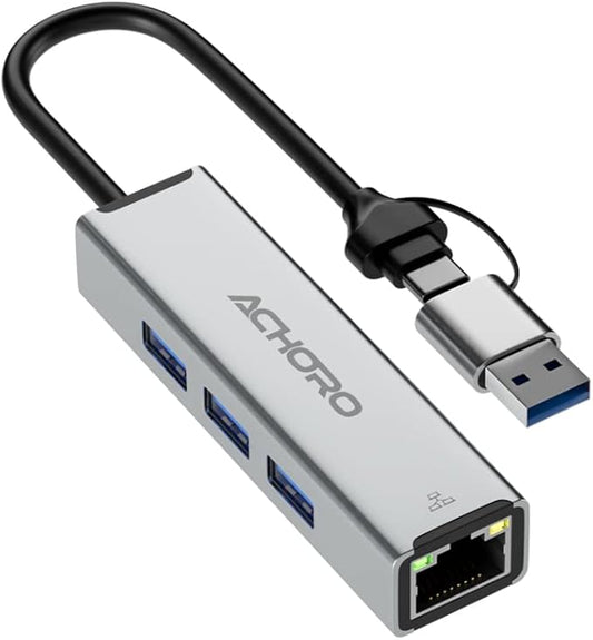 ACHORO Multi-Function USB to Ethernet Adapter with LAN – Built-in USB A & USB C, Extra 3 USB Connections with RJ45, Aluminum Alloy, for PC & Mac (LAN & USB Ports)