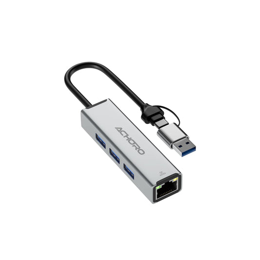 ACHORO Multi-Function USB to Ethernet Adapter with LAN – Built-in USB A & USB C, Extra 3 USB Connections with RJ45, Aluminum Alloy, for PC & Mac (LAN & USB Ports)