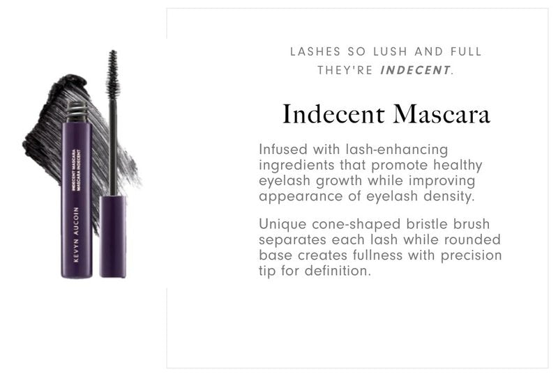 Kevyn Aucoin Indecent Mascara, Black: Thin cone-shaped brush. Creamy lash condition formula. Dramatic and natural look. Long wear. Clump & flake-free. Pro makeup artist go to for defined fuller lashes