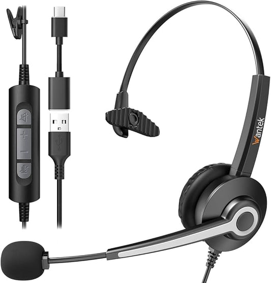 Wantek Monaural Corded USB Headsets with Noise Cancelling Mic and in-line Controls, UC Business Headset for Skype, SoftPhone, Call Center