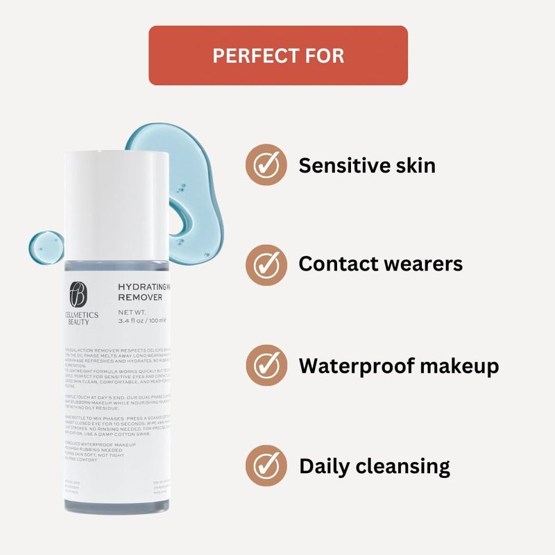 CELLMETICS BEAUTY Hydrating Gentle Eye Makeup Remover Oil-Free & Cleanser for Sensitive Eyes, Non-Greasy Makeup Remover, Waterproof Mascara Remover, 3.4 fl. oz