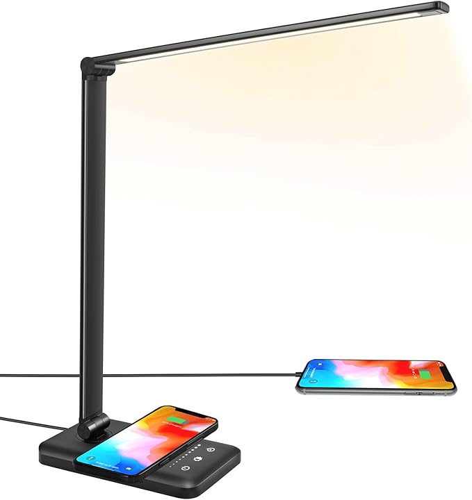JOSTIC LED Desk Lamp with Wireless Charger, USB Charging Port, 10 Brightness, 5 Color Modes, Desk Lamps for Home Office, Dimmable Table Lamp Eye Caring Reading Light, Touch Control, Auto Timer, Black
