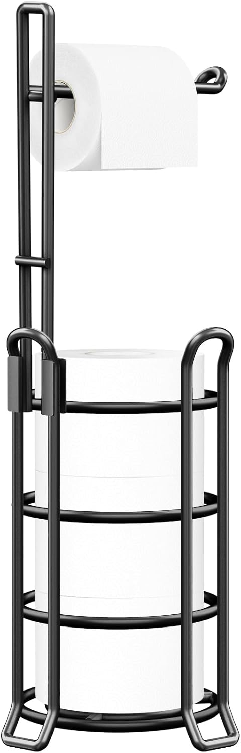 TomCare Toilet Paper Holder - Free-Standing Metal Dispenser for 3 Spare Rolls | Black Bathroom Organizer