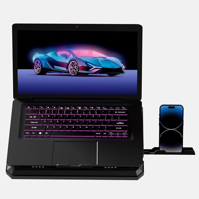 Porodo Gaming Crystal Shell Laptop Cooling Pad with Phone Holder, Dual High-Speed Fans, 8-Level Adjustable Height, RGB Lighting, Anti-Slip Base, USB-A & USB-C Ports – Black (for 10-17” Laptops)