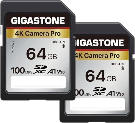 【5-Years Data Recovery】 GIGASTONE 64GB SD Card 2-Pack, 4K Camera Pro, UHS-I A1 V30 SDXC Memory Card 4K UHD Video Compatible with Digital Camera, with 2 Mini Cases