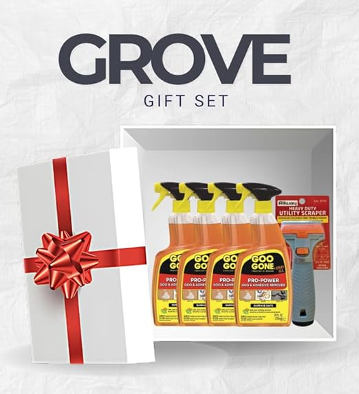 4x Goo Gone Pro-Power Gel Adhesive Remover 24 oz Bundle with Utility Scraper – Clings to and Lifts Sticky Residue, Grease, and Grime from Surfaces – Gift Set (5 Items).
