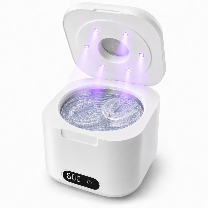 Ultrasonic Retainer Cleaner Machine with UV Light, 49kHz Dental Pod Cleaner with Digital Timer, 340ML Stainless Steel Tank for Retainer, Aligners, Dentures, Mouth Guards, Night Guards & Jewelry, White