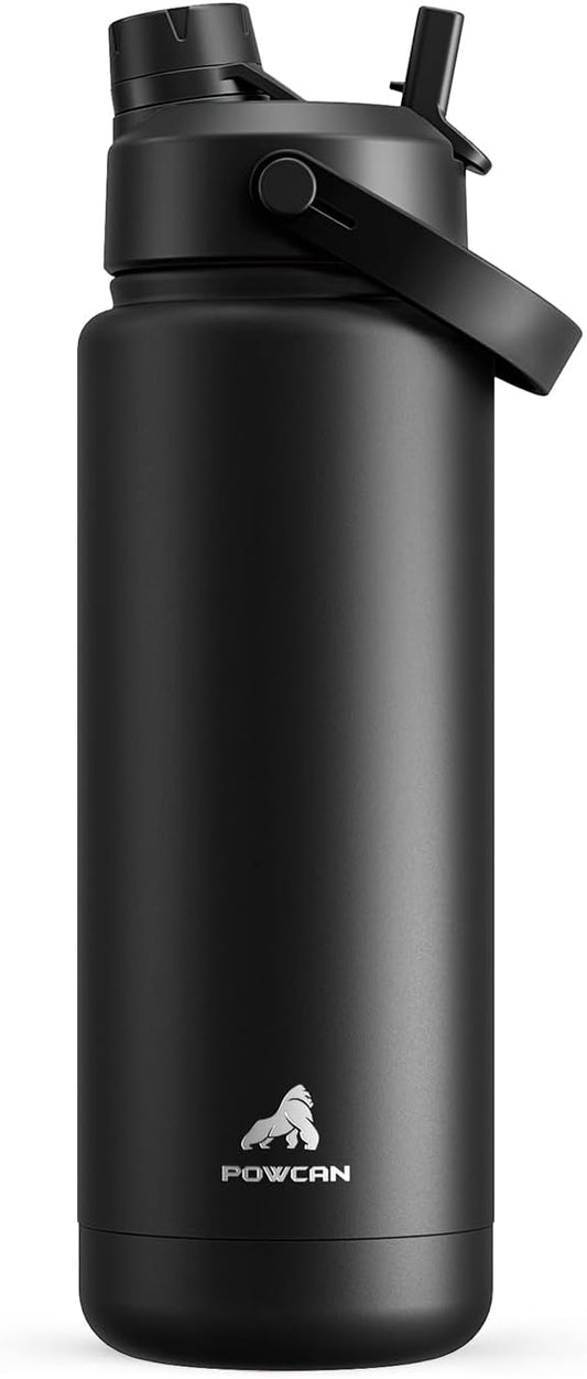 POWCAN 32 oz Insulated Water Bottle - 2-in-1 Straw & Spout Lid, Keeps Drinks Cold 24H, BPA-Free (Dark Knight)