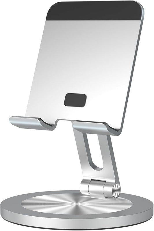 YCNEW Phone Stand for Desk, 360° Rotating Dual Adjustable Foldable Holder, Heavy Solid All-Aluminum Base Anti-Slip Stable Support for Home Office Study, Fits iPhone Galaxy 4-8" Phones (Silver)