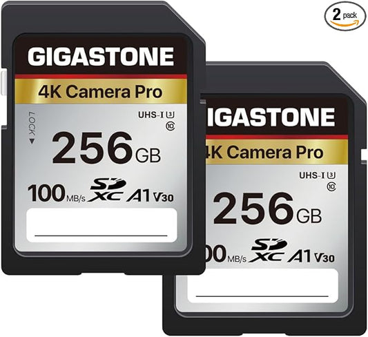 【5-Years Data Recovery】 GIGASTONE 256GB SD Card 2-Pack, 4K Camera Pro, UHS-I A1 V30 SDXC Memory Card 4K UHD Video Compatible with Digital Camera, with 2 Mini Cases