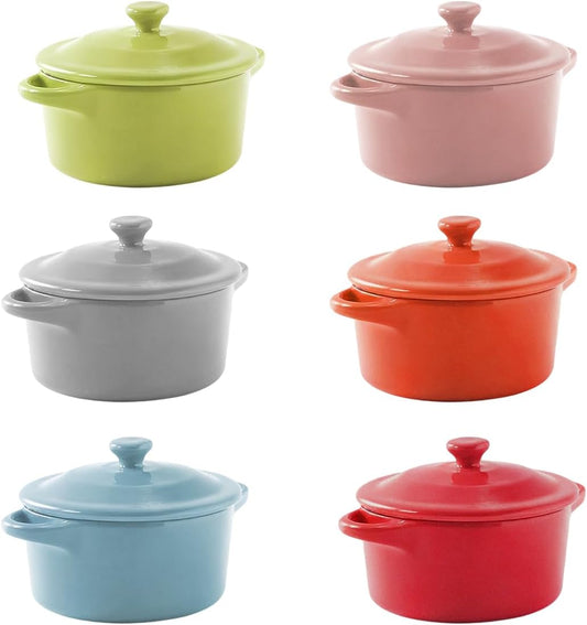 Skiennix 6 Pack Mini Cocotte - 8 OZ Ceramic Ramekins with Lids & Handles | Oven Safe Casserole Dishes in 6 Colors