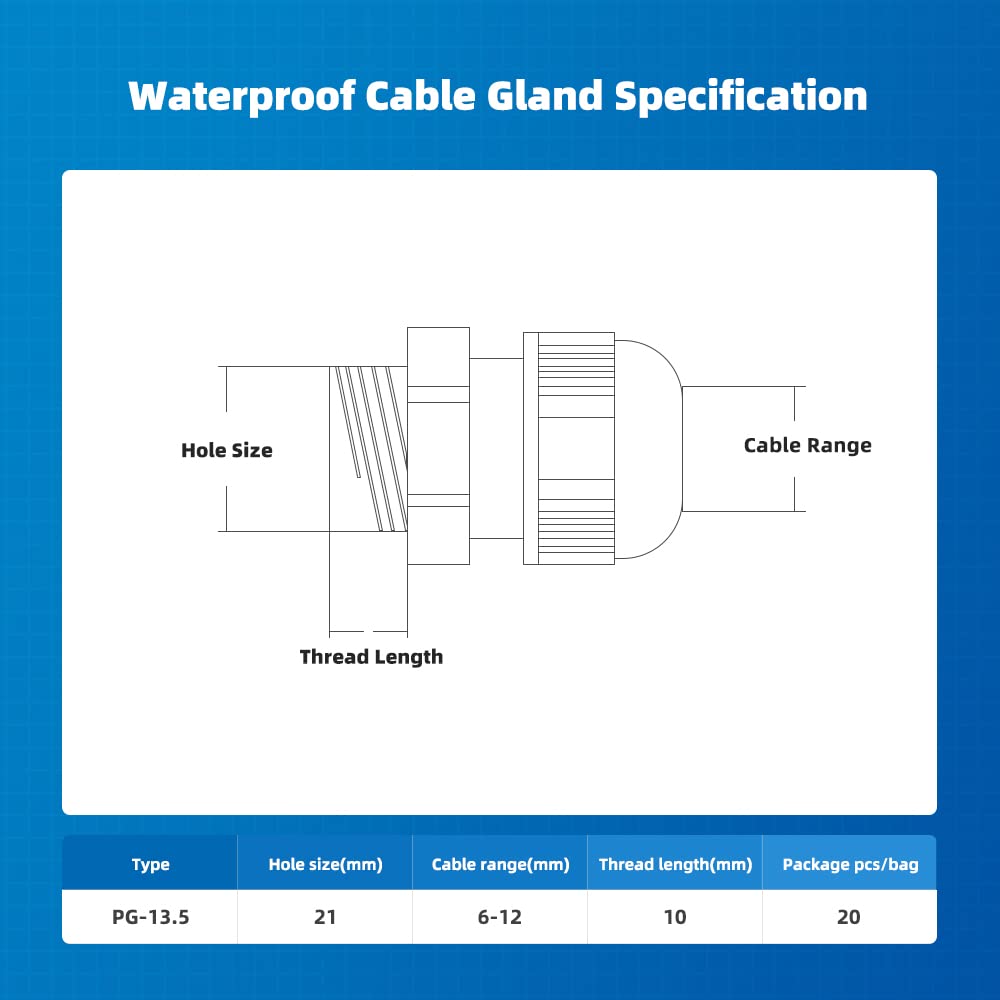 CGELE Cable Gland 20 Pack Plastic Waterproof Adjustable Connector 6-12mm PG13.5 Strain Relief Cord Connectors Joints Nylon with Gaskets