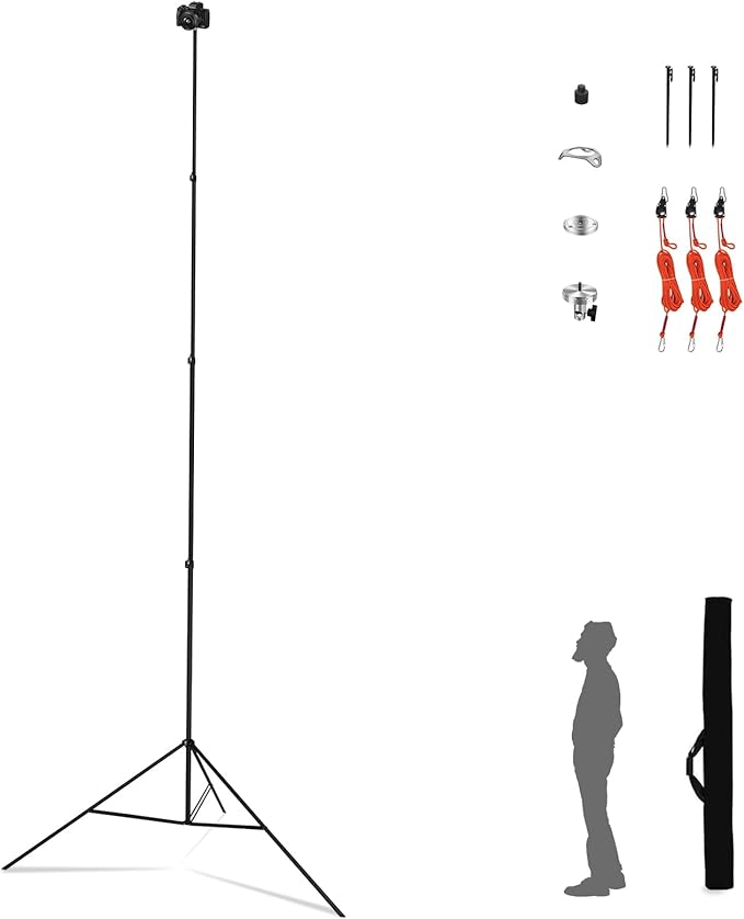 20FT Heavy Duty Tripod Stand with Rope, Spring-Assisted Telescoping Aluminum, 1/4" & 3/8" Screws, Portable for Sports & Outdoor Shooting
