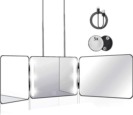 JANMPASK LED 3 Way Mirror Trifold to See Back of Head for Self Hair Cutting Barber Supplies Accessories 360 Makeup Vanity Mirror with Light