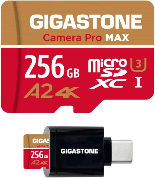【5-Years Data Recovery】 GIGASTONE 256GB Micro SD Card with USB 3.2 Type C Card Reader, 4K Camera Pro MAX, Speed Up to 130MB/s Compatible with Gopro, DJI, Dash Cam, MicroSDXC UHS-I A2 V30 U3