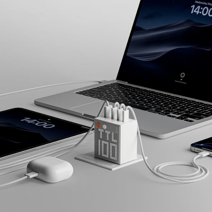 SHARGE Pixel 100 USB C Charger 100W Laptop GaN Charger 4-Port Fast Charging with Dot-Matrix Display PD 3.0, Foldable and Compact for MacBook Air, iPhone 17/16 Galaxy S26 (White)