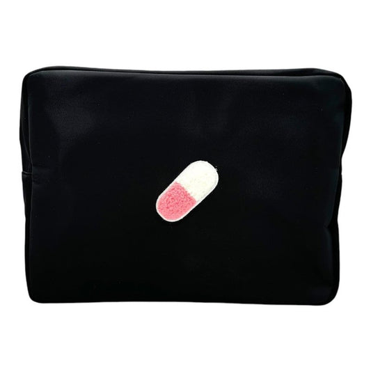 BLOC Bags Travel Makeup Bag, Cosmetic Bags for Women, Large Cute Toiletry Bag, XL Make up Bag, Medium Beauty Bag with Chenille Patch, Inside Zipper Pouch and Mesh Pockets (Pill, Black)
