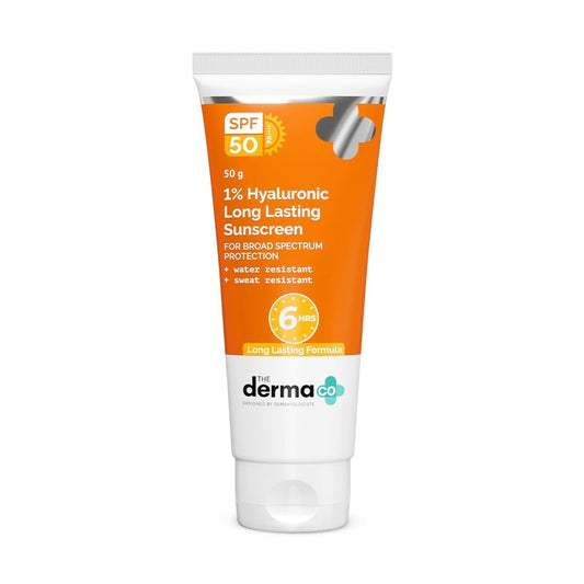 The Derma Co 1% Hyaluronic Long Lasting Sunscreen SPF 50 PA++++ With Hyaluronic Acid & Vitamin E For Broad Spectrum Protection Upto 6H Sun Protection Water & Sweat Resistant No Reapplication Needed