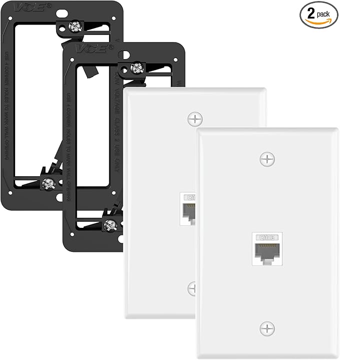 VCE Ethernet Wall Plate (UL-Listed), 1-Port CAT6 Wall Plate and Jack, RJ45 Keystone Outlet with Single Gang Low Voltage Mounting Bracket, White 2-Pack