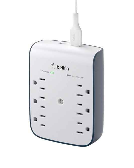 Belkin 6-Outlet Wall Surge Protector w/ 2 USB-A Ports, Wall-Mountable Surge Protector for Home, Office, Travel, Computer Desktop, Laptop, Phone Charger, & More - 900 Joules of Protection