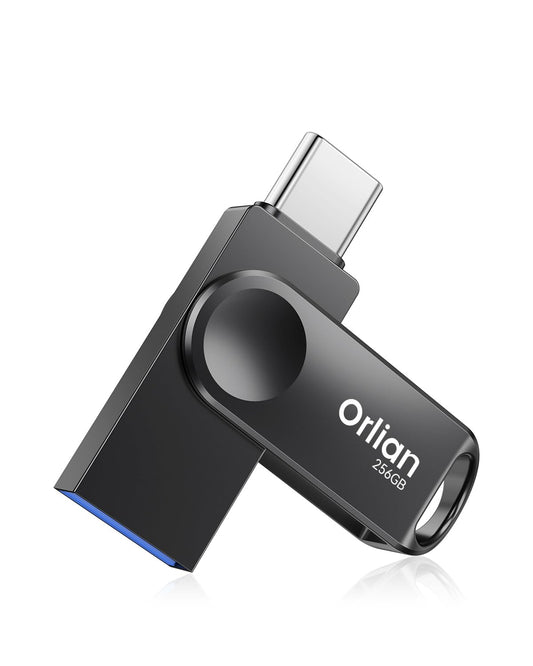 Orlian 256GB USB C Flash Drive for Phone, up to 110MB/s Dual USB 3.0 Phone Thumb Drive Type-C & USB-A, Metal Waterproof Swivel Memory Stick for iPhone 15/16/17, Android, Tablet, Computer PC
