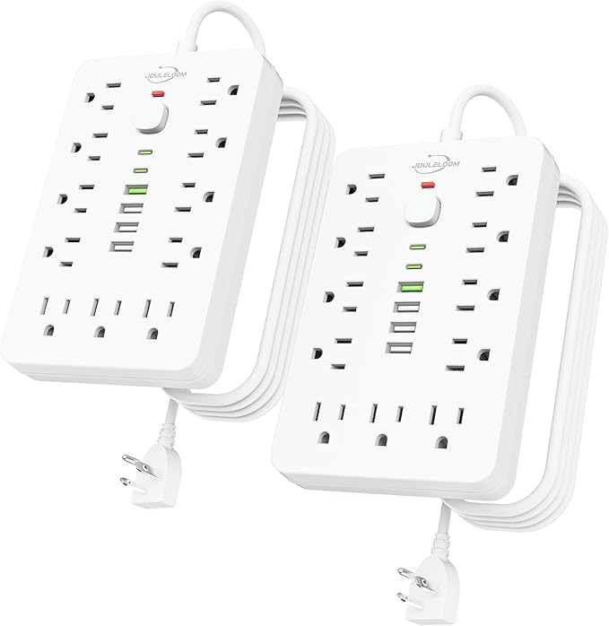 JouleLoom 2 Pack 5 FT Flat Plug Surge Protector Power Strip,11 Multiple AC Outlets with 6 USB Ports (2 USB C), 5 Feet Extension Cord, 1250W/10A, One Touch Switch Button, 17 in 1 Compact powerstrip