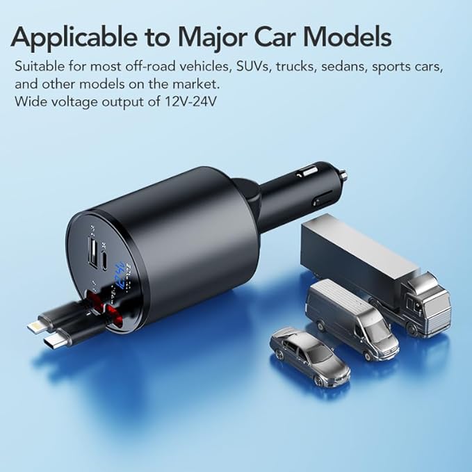 Retractable Car Charger,5 in 1 PD Car Phone Charger with Bluetooth 5.3 FM Transmitter,Handsfree Call and MP3 Player,2 Retractable Cables and USB Charging Adapter for Cars Phone,Galaxy,Pixel(Black)