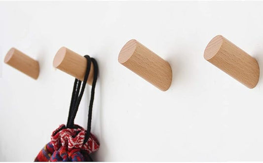 Felidio Wood Wall Hooks, 4 Pack Coat Hooks Mounted Rustic Wooden Heavy Duty Robe Hook Hat Rack | for Hanging Bathroom Towels Clothes Hanger (Beech Wood)