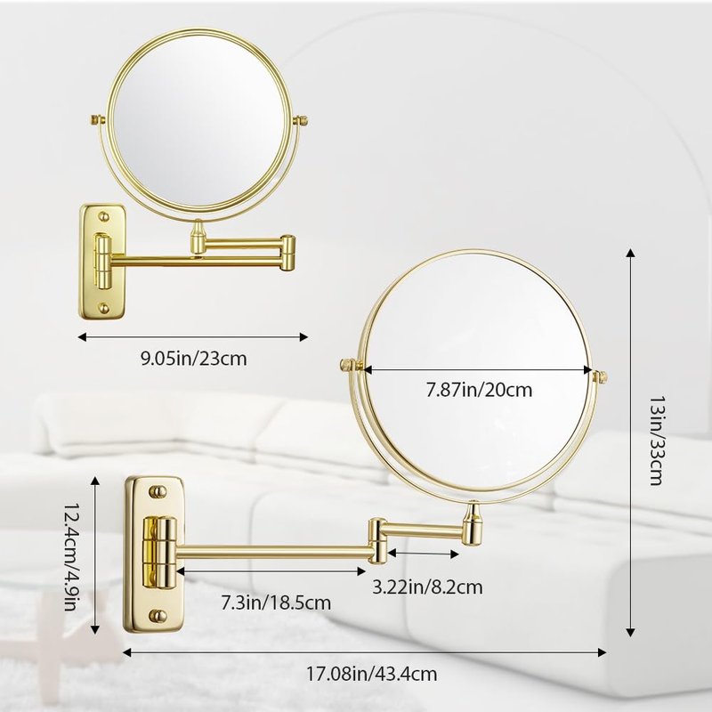 Cerdeco 8 Inch 1X/5X Double Sided Makeup Wall Mount Mirror with Gold Plated Finish 360 Swivel Extendable Cosmetic Shaving Mirror