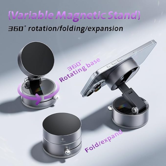 ROARADE Magnetic Phone Holder for Car, [360° Rotatable] Phone Mount with Strong Suction Cup & Retractable Stand, Foldable Phone Holder for iPhone 16/15/14/13 and All Smartphone (White)