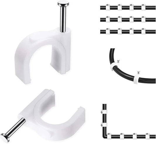Abnii Cable Clips, 100 Pcs, 8mm, Wire Wall Clips with Steel Nails, Cable Management Organizer Clip, Cable Tacks Coax Holder Clip, RG6 RG59 CAT6 RJ45 Cable Cord Clips, White