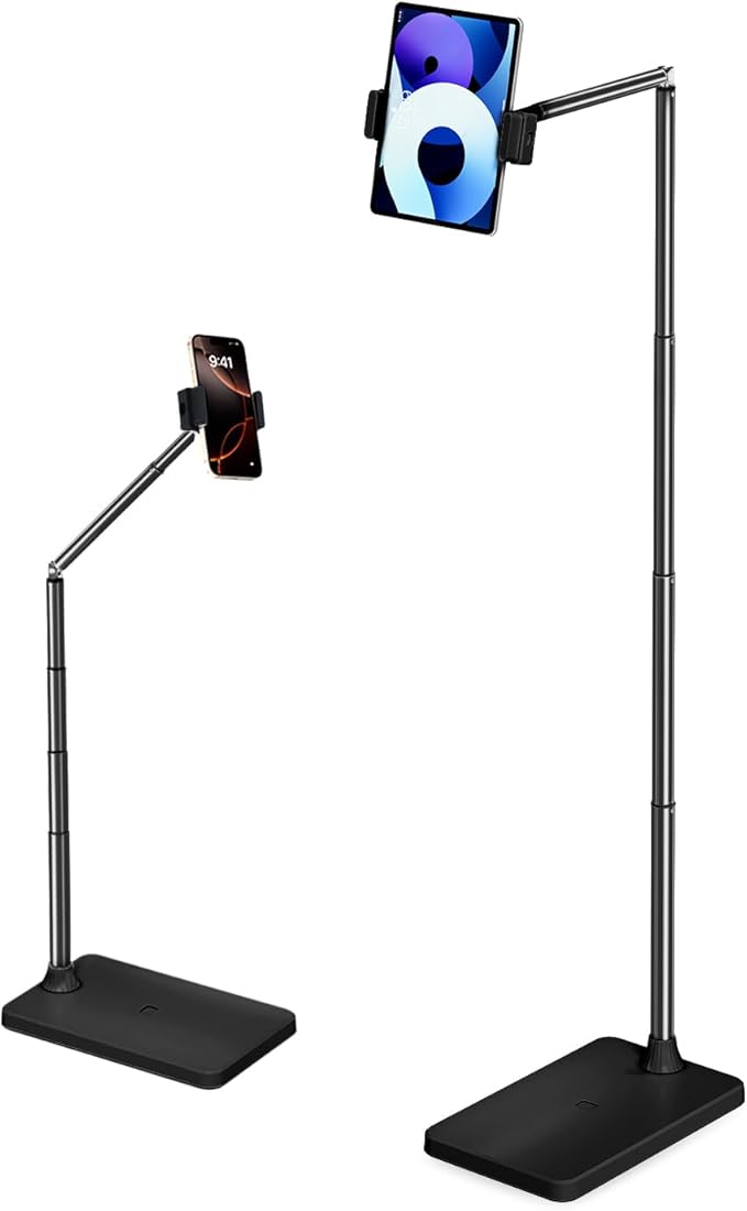 SupeDesk Tablet Floor Stand, Adjustable iPad Holder for Bed & Sofa - 360° Rotating Long Arm, Height Adjustable from 13.5" to 60.3", Sturdy Metal Base for iPad, Tablet, Phone (4-13 Inch), Black