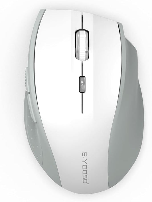E-YOOSO Wireless Mouse for Laptop, Portable Optical Computer Mouse, 6 Buttons, Cordless 2.4GHz with USB Receiver, 5-Level 4800 DPI, 18 Months Battery Life, for PC, Chromebook, Windows, Mac(White Gray)