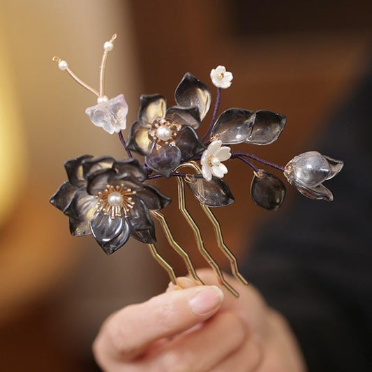Black Resin Camellia Hairpin Set - Vintage Gothic Hair Sticks for Long Hair | Elegant Floral Accessories