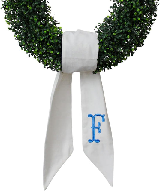 Monogram Wreath Sash - White Embroidered Linen Decor for Front Door | Perfect for Xmas, Weddings & Indoor/Outdoor Use