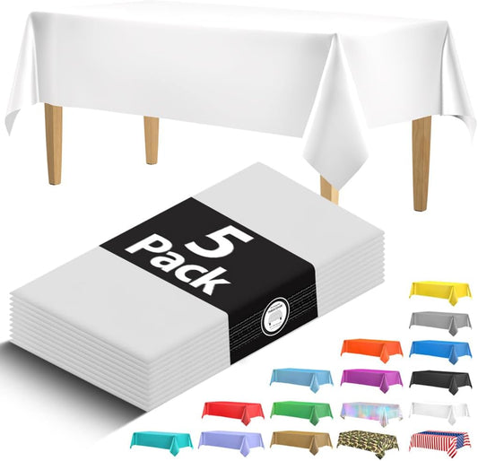 Premium White Plastic Tablecloth by [Brand Name] - 5 Pack Disposable Rectangle Cover | 108 x 54 in. for Parties & Weddings