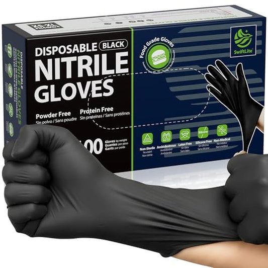 SWIFTLITE Nitrile Gloves Disposable Latex Free, 4 Mil Black Food Grade Powder Free Rubber Gloves for BBQ, Cooking, Cleaning (100, Small)