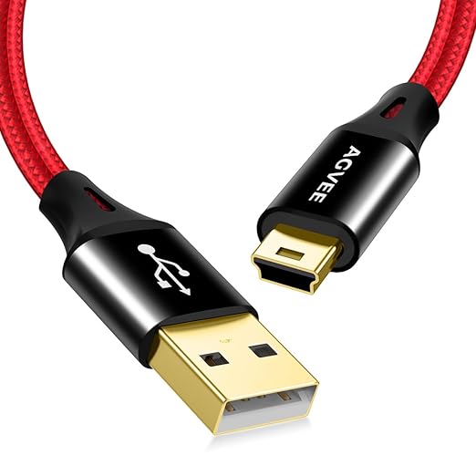 AGVEE 2 Pack 10ft Mini USB Cable, Braided Durable USB-A to Mini-B Charger Charging Cord for TI-84, Garmin GPS, Go-Pro Hero 4 3 2 HD, PS3 Controller, Canon Camera, Blue Yeti Microphone, Red