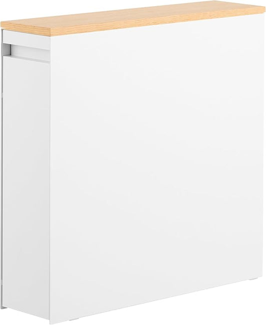 Yamazaki Home Pull-Out Bathroom Storage Cabinet – Slim Bathroom Storage Cabinet with Wood Top, Steel Organizer for Toilet Paper and Cleaning Supplies, Modern Space-Saving Design, White - Steel + Wood