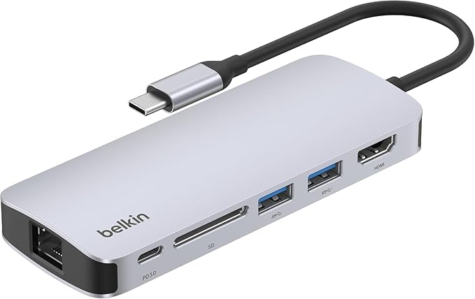 Belkin USB-C Hub - 6-in-1 Multi-Port Adapter Dock with 4K HDMI, USB-C 100W PD Pass-Through Charging, 2x USB-A Ports, Gigabit Ethernet Ports and SD Slot for Neo MacBook, Pro, Air, iPad, Pro, XPS & More